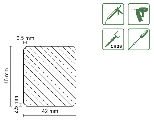 Dimensions profilé en bois : 48 x 42 millimètres. Instructions de traitement : convient pour pistolet à cartouche, cloueur, vis CH28 et tournevis.