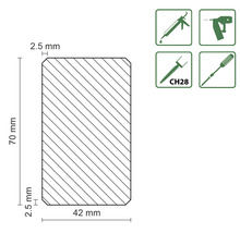 Technische Zeichnung eines Holzprofils mit den Maßen 70 mm Höhe, 42 mm Breite und 2.5 mm Kantenradius, sowie Symbole für geeignete Werkzeuge