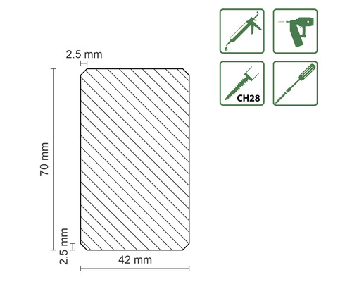 Schéma technique d''un profilé en bois avec des dimensions de 70 mm de hauteur, 42 mm de largeur et un rayon de bord de 2.5 mm, ainsi que des symboles pour les outils appropriés
