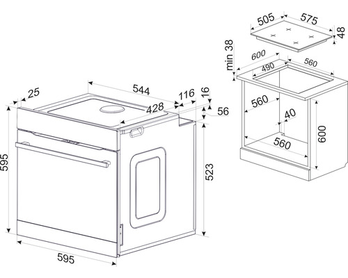 Masszeichnung eines Ofens mit Kochfeld und Unterschrank