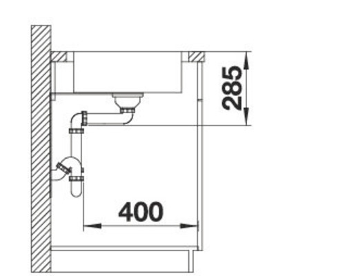 Skizze einer Spüle mit Abflussrohren und Maßangaben