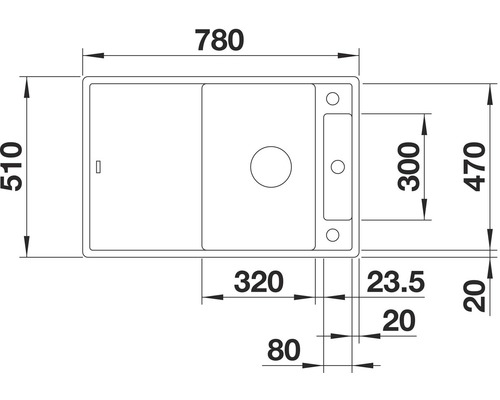 Schéma technique d''un évier avec indications de dimensions en millimètres.