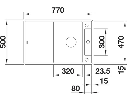 Dessin coté d''un évier avec cuve et égouttoir, dimensions en millimètres
