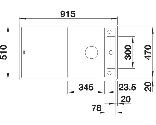 Schéma coté d''un évier de cuisine avec des dimensions de 915 x 510 mm