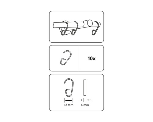 Dix crochets de rideaux mesurant 12 mm et 4 mm