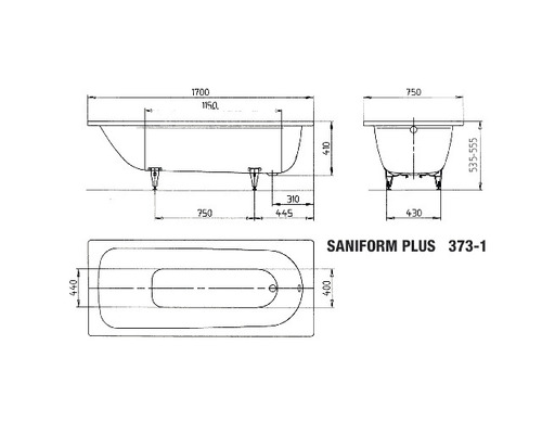 Technische Zeichnung der Saniform Plus Badewanne 373-1 mit Maßangaben