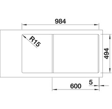 Schéma technique d''un évier mesurant 984 x 494 mm avec un rayon d''angle de 15 mm