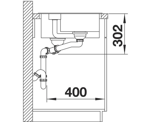Zeichnung einer Spüle mit Ablaufgarnitur und Maßangaben