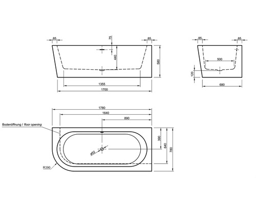 Schéma technique d''une baignoire avec dimensions.