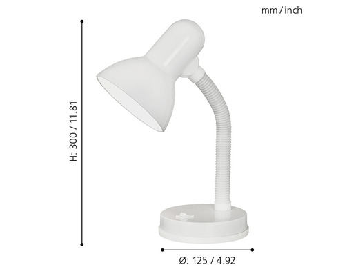 Lampe de bureau avec bras flexible et dimensions hauteur 300 millimètres, diamètre 125 millimètres.