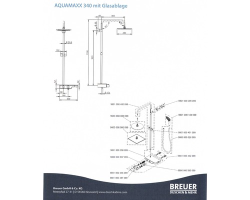 Technische Zeichnung der Aquamaxx 340 Dusche mit Glasablage