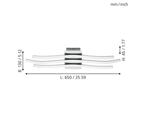 Dimensions d''un plafonnier à trois bras : longueur 650 millimètres, largeur 130 millimètres, hauteur 45 millimètres