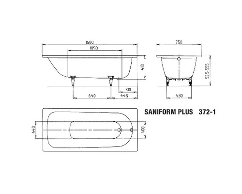 Technische Zeichnung der Saniform Plus 372-1 Badewanne mit Maßangaben