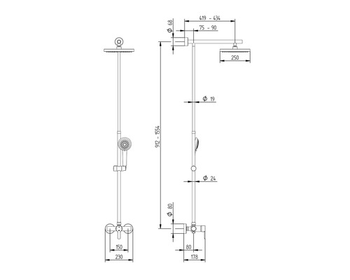 Schéma technique d''un système de douche avec indications de dimension