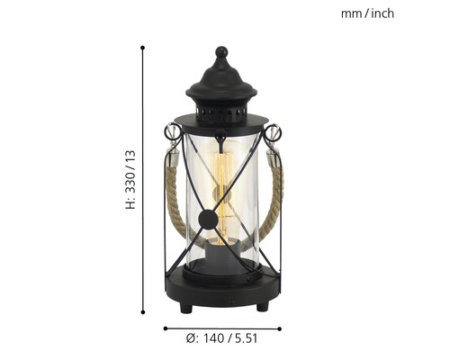 Lampe de table décorative en forme de lanterne avec poignées en cordage et indication de la taille