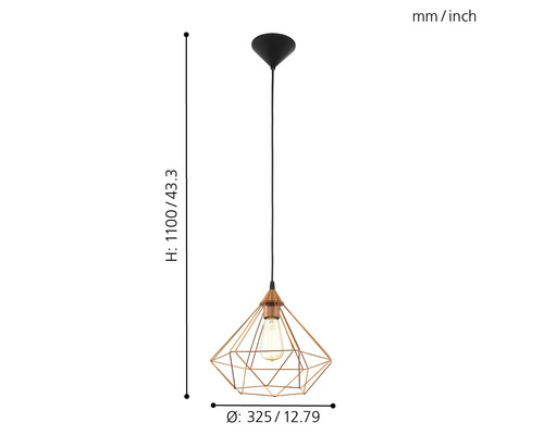 Hängeleuchte mit geometrischem Lampenschirm und Maßangaben