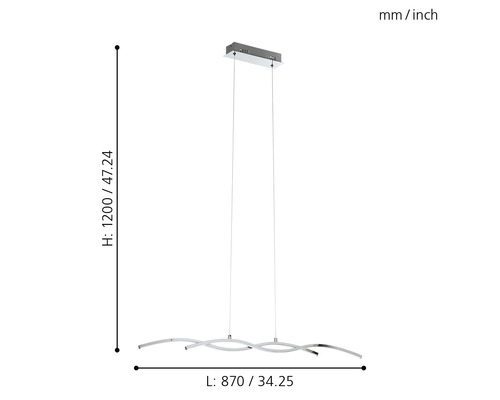 Dimensions d''une suspension avec un design ondulé et une ampoule LED