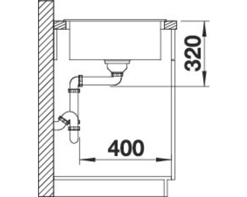 Skizze eines Spülbeckens mit Maßen und Abflussrohr