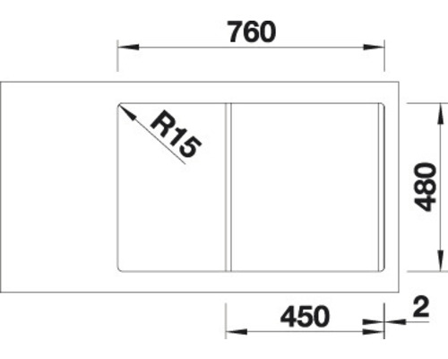 Schéma technique d''un évier avec dimensions : 760 mm de largeur, 480 mm de profondeur, rayon de 15 mm