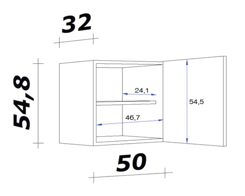 Technische Zeichnung eines Hängeschranks mit Maßen