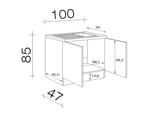 Dessin technique d''un meuble sous-lavabo avec indications de dimensions