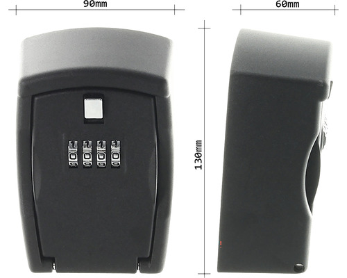 Schlüsselkasten mit Zahlencode und den Maßen 90 mm Breite, 130 mm Höhe und 60 mm Tiefe.