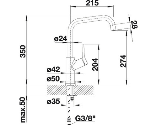 Technische Zeichnung einer Küchenarmatur mit Maßangaben.