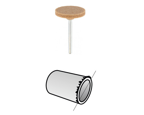 Filzpolieraufsatz mit Schaft für Schleifwerkzeuge und grafische Darstellung eines Rohres