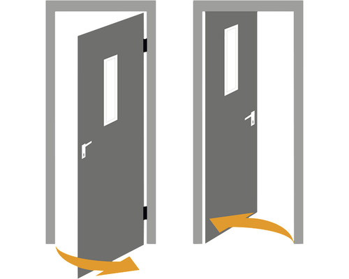 Illustration d''une porte avec insert en verre et flèche de sens de rotation