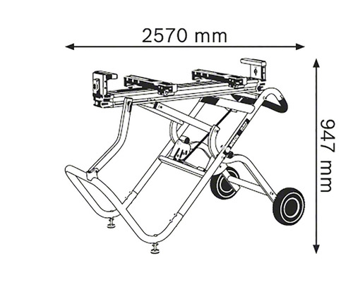 Skizze eines Maschinentisches mit Maßangaben 2570 mm Breite und 947 mm Höhe