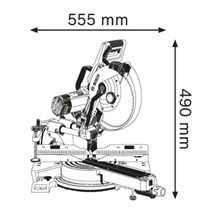 Schéma d''une scie à onglet avec les dimensions suivantes : 555 mm de largeur, 490 mm de hauteur.