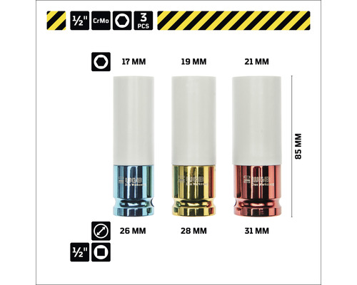 Dreiteiliger Satz aus Radmuttern-Einsätzen aus Chrom-Molybdän-Stahl, Größen 17, 19 und 21 Millimeter, circa 85 Millimeter lang