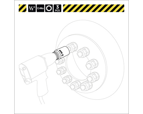 Illustration eines Schlagschraubers mit Steckschlüsselsatz zum Lösen von Radmuttern, 3-teilig