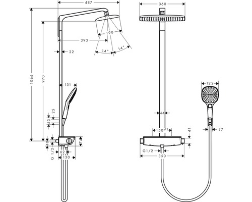 Schéma technique d''un robinet de douche avec douche de tête, douchette à main et thermostat, avec indications de dimensions.