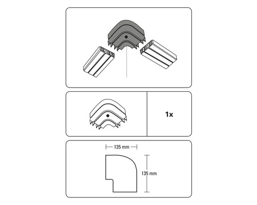 Goulotte d''installation Pièce d''angle avec des dimensions de 135 par 135 millimètres
