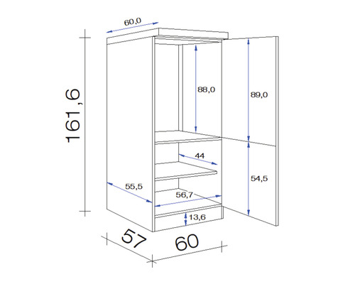 Technische Zeichnung eines Schranks mit Abmessungen.