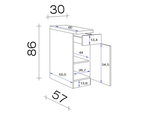Technische Zeichnung eines Hängeschranks mit Schublade und Maßen