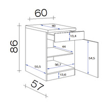 Schéma technique d''un meuble bas avec tiroir et porte, avec indications de dimensions