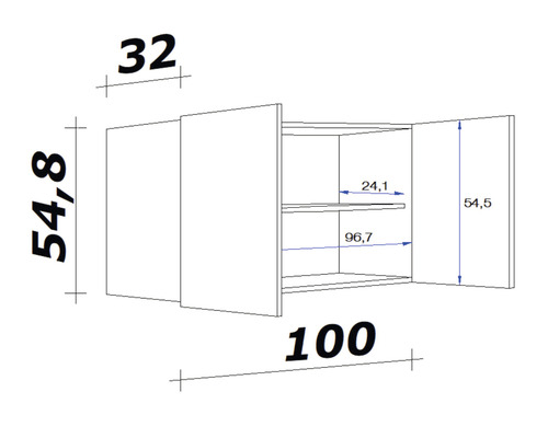 Technische Zeichnung eines Hängeschranks mit Maßangaben