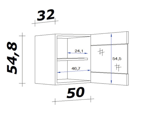 Schéma technique d''une armoire suspendue mesurant 32 x 54,8 x 50 cm.
