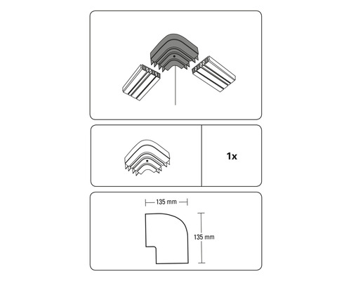 Illustration d''une pièce d''angle de goulotte de câbles mesurant 135 x 135 millimètres