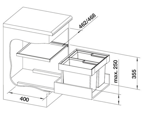 Schéma technique d''une armoire à poubelles avec dimensions