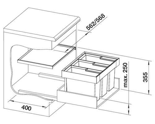Dessin technique d''un meuble bas avec tiroir et indications de dimensions