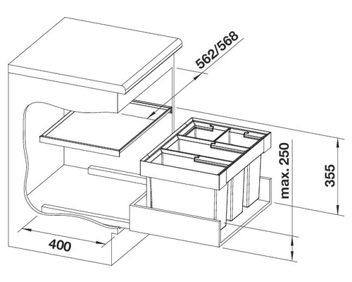 Schéma technique d''un collecteur de déchets pour meuble bas avec indication des dimensions