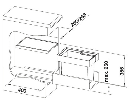 Technische Zeichnung eines Spülenschranks mit Abmessungen