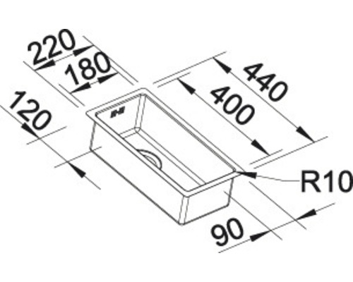 Dessin technique d''un évier rectangulaire avec dimensions.