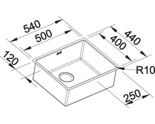 Technische Zeichnung einer Spüle mit Maßangaben
