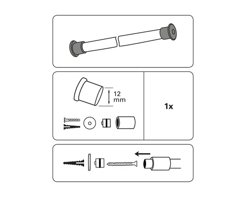 Darstellung eines ausziehbaren Duschvorhangs inklusive Montageanleitung