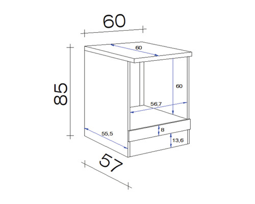 Dessin technique d''un meuble bas avec indications de dimensions.