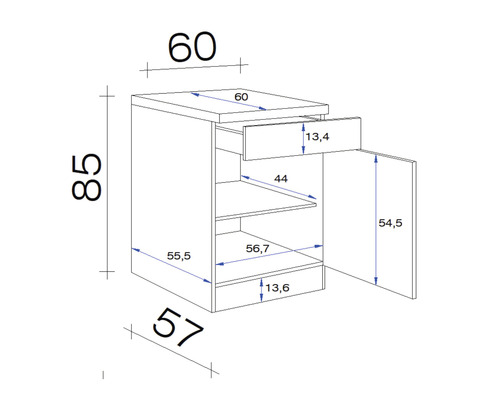 Schéma technique d''un meuble bas avec tiroir et porte avec dimensions